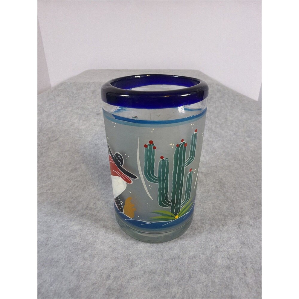 Vintage Mexican Hand Blown Frosted Shot Glass Cobalt Blue Rim Painted Siesta 5"